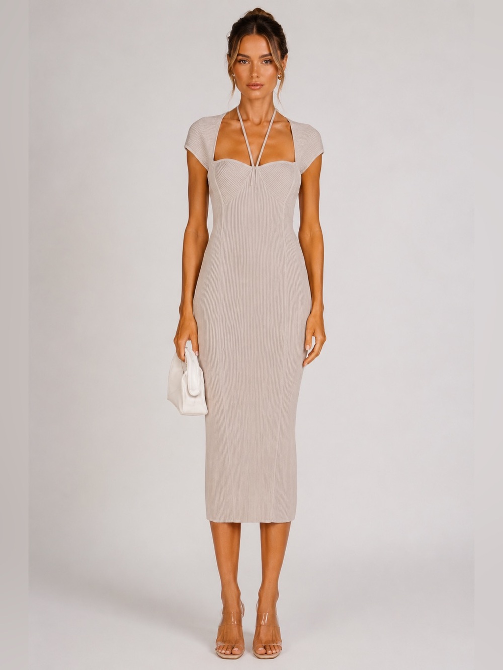 Jonathan Simkhai Beige Rib Knit Midi Dress Halter Neck Bodycon Size L